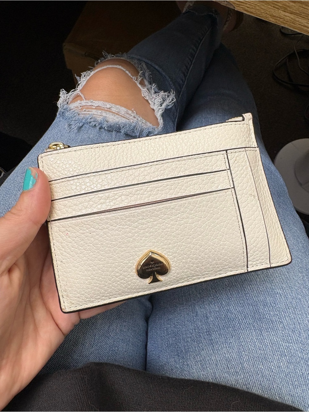 kate spade Cream Pebbled Leather Card Case with Gold Spade Accent